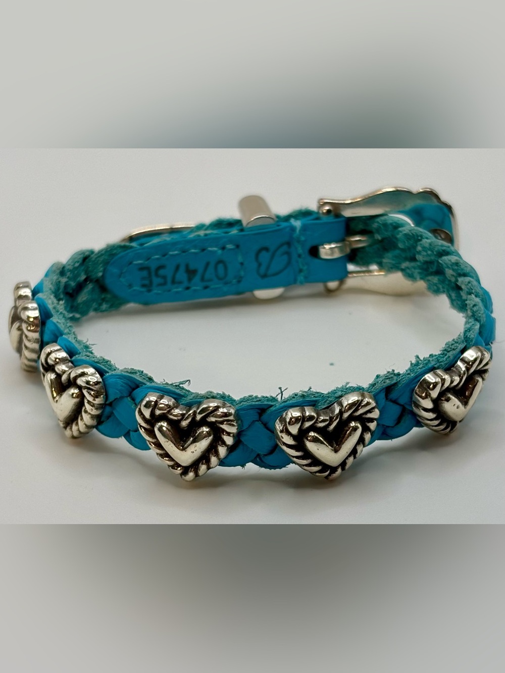 Brighton Turquoise Blue Braided Leather Heart Western Buckle Bracelet B 07475E